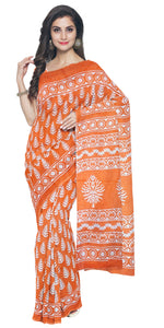 Orange Mul Cotton Saree with Floral Block Prints-Mul Cotton-parinitasarees