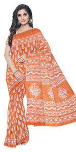 Orange Mul Cotton Saree with Floral Block Prints-Mul Cotton-parinitasarees