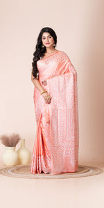 Peach Blended Silk Kantha Saree with Kutch Embroidery-Kantha saree-parinitasarees