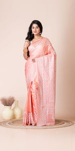 Peach Blended Silk Kantha Saree with Kutch Embroidery-Kantha saree-parinitasarees