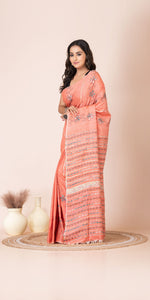 Peach Khes Kantha Saree with Floral Patterns-Kantha saree-parinitasarees