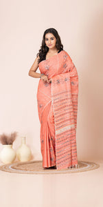 Peach Khes Kantha Saree with Floral Patterns-Kantha saree-parinitasarees