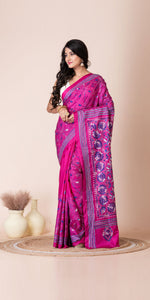 Pink Blended Silk Kantha Saree with Floral Motifs-Kantha saree-parinitasarees