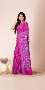 Pink Blended Silk Kantha Saree with Floral Motifs-Kantha saree-parinitasarees