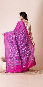 Pink Blended Silk Kantha Saree with Floral Motifs-Kantha saree-parinitasarees