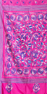 Pink Blended Silk Kantha Saree with Floral Motifs-Kantha saree-parinitasarees