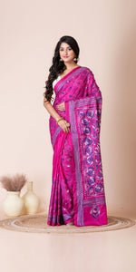 Pink Blended Silk Kantha Saree with Floral Motifs-Kantha saree-parinitasarees