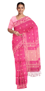 Pink Handspun Cotton Saree with Floral Motifs-Handspun Cotton-parinitasarees