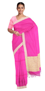 Pink Handspun Cotton Saree with Tussar Border-Handspun Cotton-parinitasarees