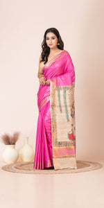 Pink Madhubani Painted Bapta Tussar Silk Saree-Tussar Saree-parinitasarees