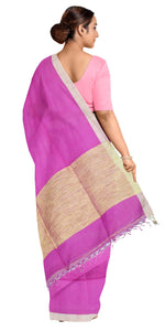 Purple Handspun Cotton Saree with Tussar Border-Handspun Cotton-parinitasarees