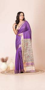 Purple Madhubani Painted Bapta Tussar Silk Saree-Tussar Saree-parinitasarees