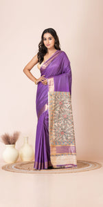 Purple Madhubani Painted Bapta Tussar Silk Saree-Tussar Saree-parinitasarees