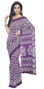 Purple Mul Cotton Saree with Floral Block Prints-Mul Cotton-parinitasarees