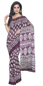 Purple Mul Cotton Saree with Floral Block Prints-Mul Cotton-parinitasarees