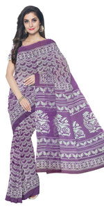 Purple Mul Cotton Saree with Floral Block Prints-Mul Cotton-parinitasarees