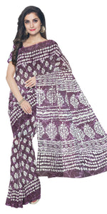 Purple Mul Cotton Saree with Floral Block Prints-Mul Cotton-parinitasarees