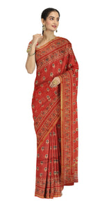 Red Chanderi Saree with Ajrakh Block Prints-Chanderi Sarees-parinitasarees
