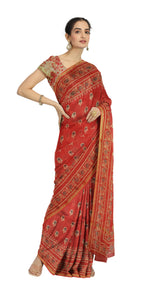 Red Chanderi Saree with Dabu Block Prints-Chanderi Sarees-parinitasarees