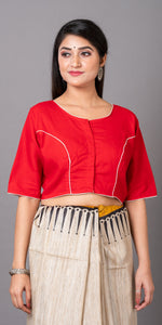 Red Cotton Blouse with Floral Embroidery-parinitasarees