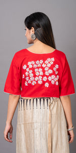 Red Cotton Blouse with Floral Embroidery-parinitasarees