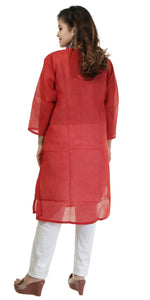 Red Cotton Chikankari Kurti with Paisley Motifs-Women's Chikankari Kurti-parinitasarees