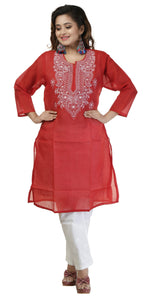 Red Cotton Chikankari Kurti with Paisley Motifs-Women's Chikankari Kurti-parinitasarees