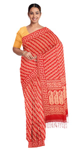 Red Handspun Cotton Saree with Intricate Motifs-Handspun Cotton-parinitasarees