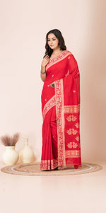 Red Handspun Cotton Saree with Jamdani Weaves-Handspun Cotton-parinitasarees