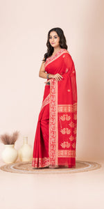 Red Handspun Cotton Saree with Jamdani Weaves-Handspun Cotton-parinitasarees