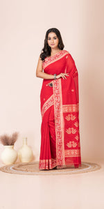 Red Handspun Cotton Saree with Jamdani Weaves-Handspun Cotton-parinitasarees