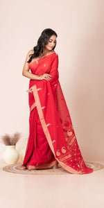 Red Handspun Cotton Saree with Tussar Border-Handspun Cotton-parinitasarees