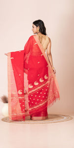 Red Handspun Cotton Saree with Tussar Border-Handspun Cotton-parinitasarees