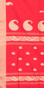 Red Handspun Cotton Saree with Tussar Border-Handspun Cotton-parinitasarees