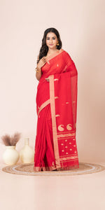 Red Handspun Cotton Saree with Tussar Border-Handspun Cotton-parinitasarees