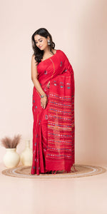 Red Khes Kantha Saree with Floral Patterns-Kantha saree-parinitasarees