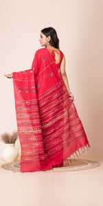 Red Khes Kantha Saree with Floral Patterns-Kantha saree-parinitasarees