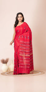 Red Khes Kantha Saree with Floral Patterns-Kantha saree-parinitasarees