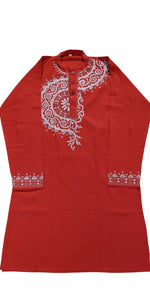 Red Panjabi with White Kantha Embroidery-Men's Kurtas-parinitasarees