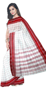 Red and White Dhaniakhali Cotton Saree with Checks-Tant saree-parinitasarees