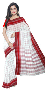 Red and White Dhaniakhali Cotton Saree with Checks-Tant saree-parinitasarees