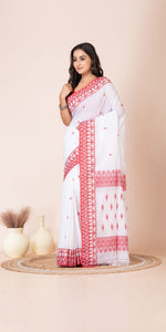 Red and White Handspun Cotton Saree with Traditional Motifs-Handspun Cotton-parinitasarees