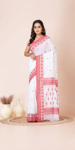 Red and White Handspun Cotton Saree with Traditional Motifs-Handspun Cotton-parinitasarees