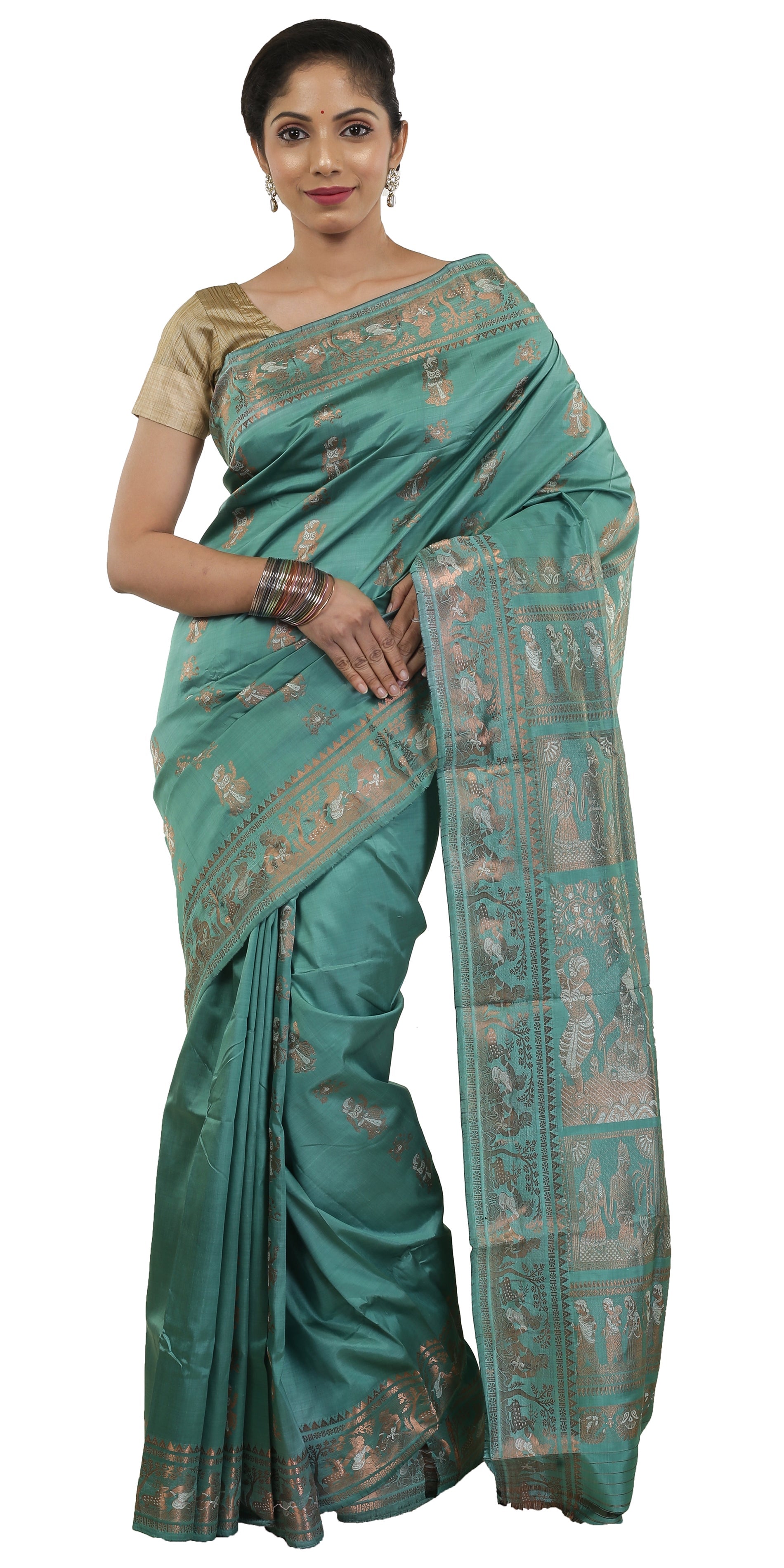 Blue Baluchari Silk Blend Saree with Blouse Piece - Look and Adorn - 3525748