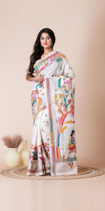 White Blended Tussar Silk Kantha Saree with Village Scenery-Kantha saree-parinitasarees