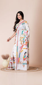 White Blended Tussar Silk Kantha Saree with Village Scenery-Kantha saree-parinitasarees