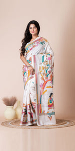 White Blended Tussar Silk Kantha Saree with Village Scenery-Kantha saree-parinitasarees