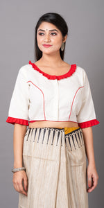 White Cotton Blouse with Floral Embroidery-parinitasarees