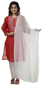 White Georgette Dupatta with Chikankari Embroidery-Dupattas-parinitasarees