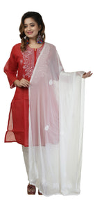 White Georgette Dupatta with Chikankari Embroidery-Dupattas-parinitasarees